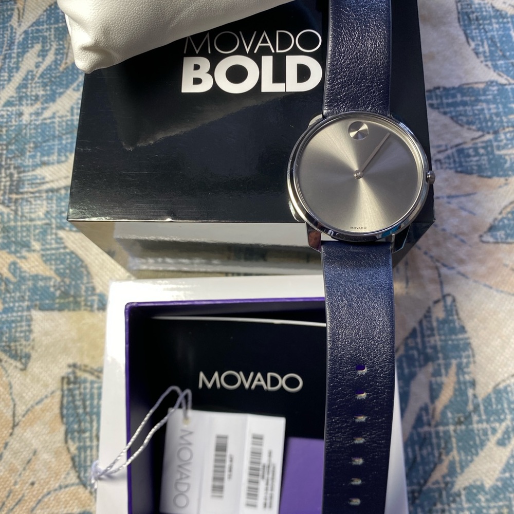 Movado Bold Silver Dial with Dark Blue Leather Strap
